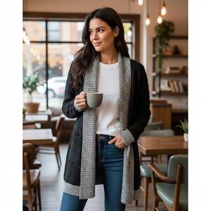 Pink Rose Sweater Womens Size L Open Front Cardigan Black Gray Trim Long Sleeve